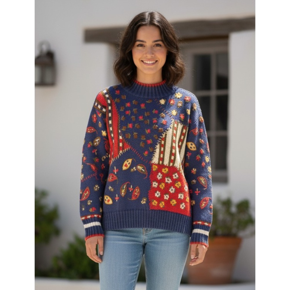 VTG Lizwear Sweater Womens S Multi Chunky Knit Floral Tulip Leaves Embroidered